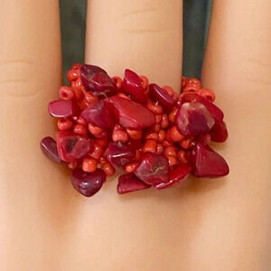 Carnelian Red Handmade Seed Bead and Stone Chips Stretch Ring